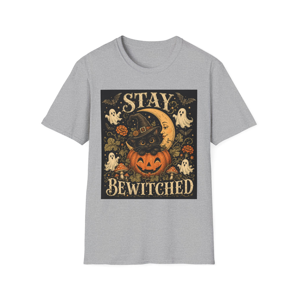 Halloween 'Stay Bewitched' T‑Shirt — Vintage Moon, Black Cat & Pumpkin Design