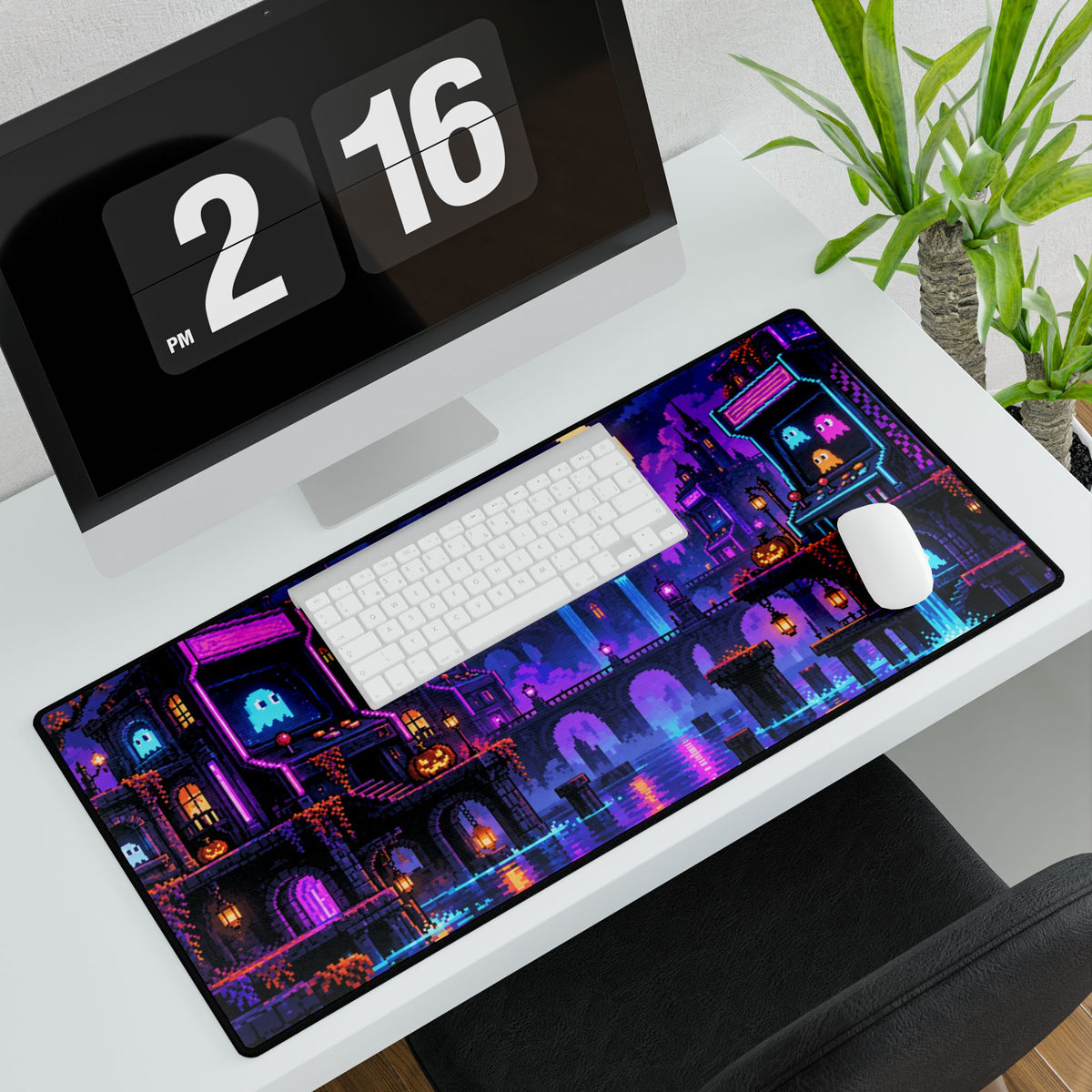 Neon Halloween City Desk Mat — Spooky Pixel Art Gaming Mouse Pad