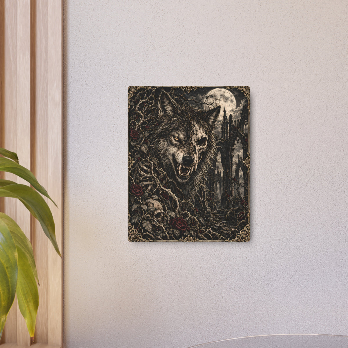 Wolf Metal Art Sign | Gothic Moonlit Wolf with Ruins & Roses Wall Art