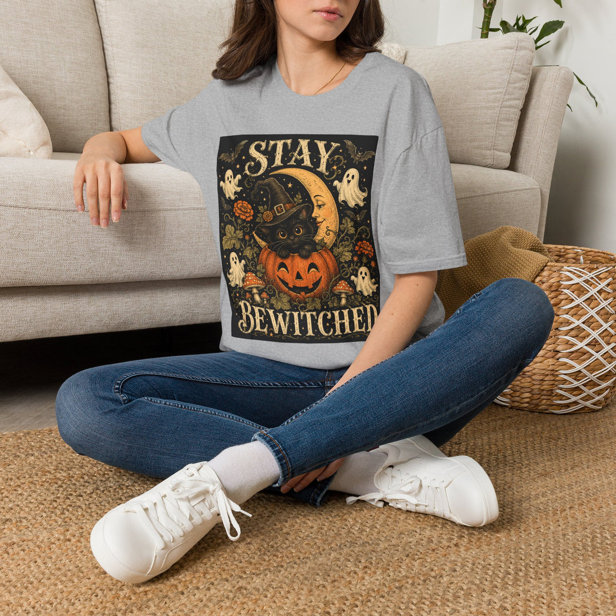 Halloween 'Stay Bewitched' T‑Shirt — Vintage Moon, Black Cat & Pumpkin Design