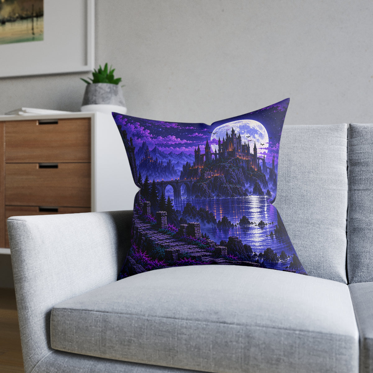 Moonlit Castle Pixel Art Gothic Fantasy Cushion | Decorative Sofa Pillow