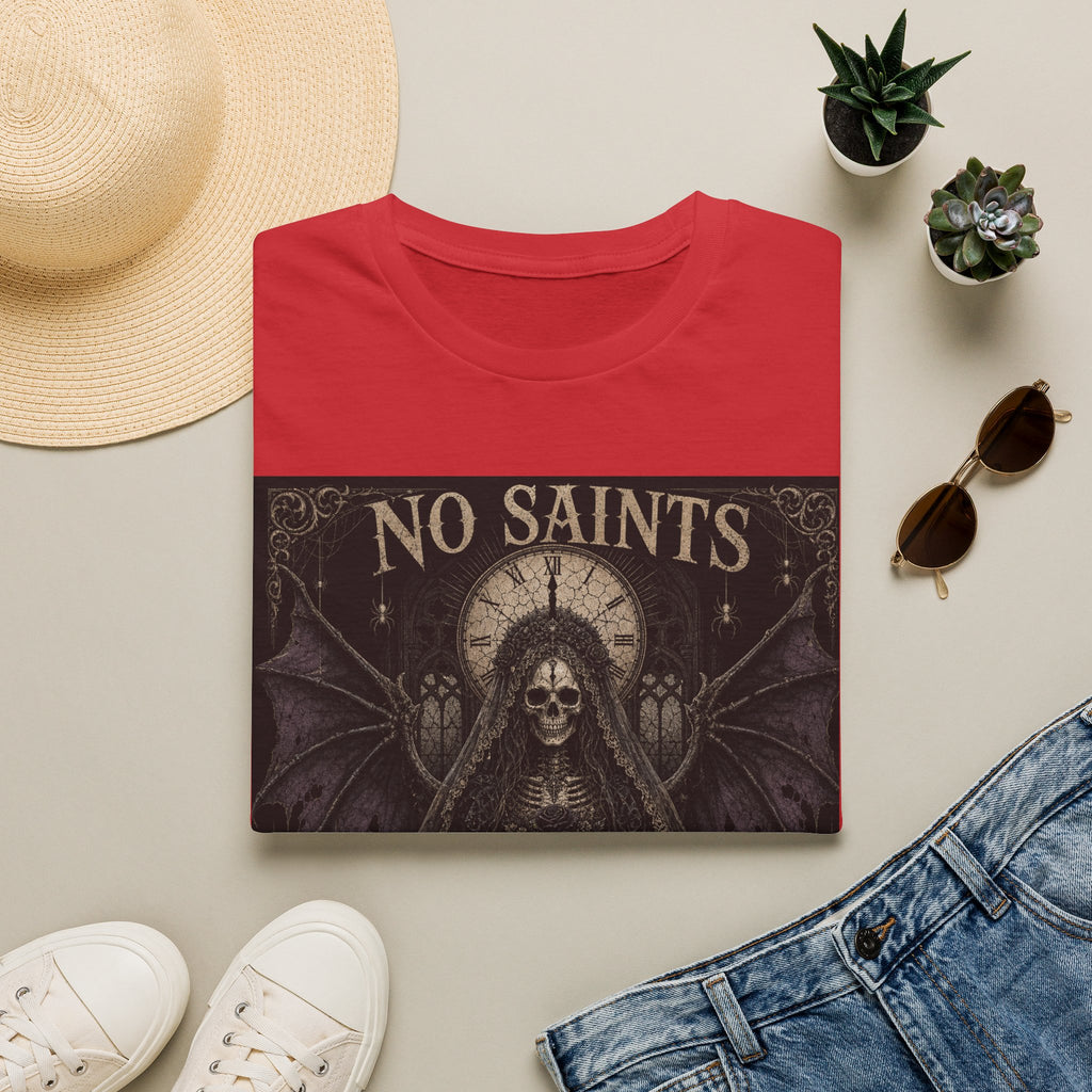 No Saints Graphic T-Shirt — Gothic Skull Clock Design