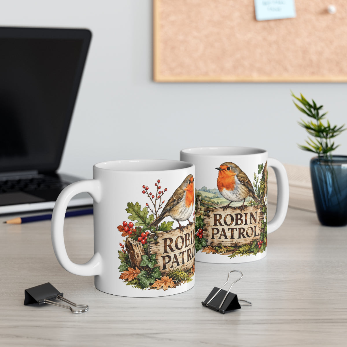 Robin Patrol Mug | Rustic Robin & Woodland Bird Watcher Coffee Cup (11oz)