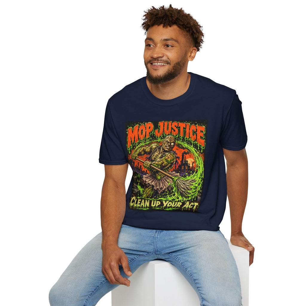 Mop Justice T-Shirt — Retro Horror Cleanup Graphic Tee ("Clean Up Your Act")