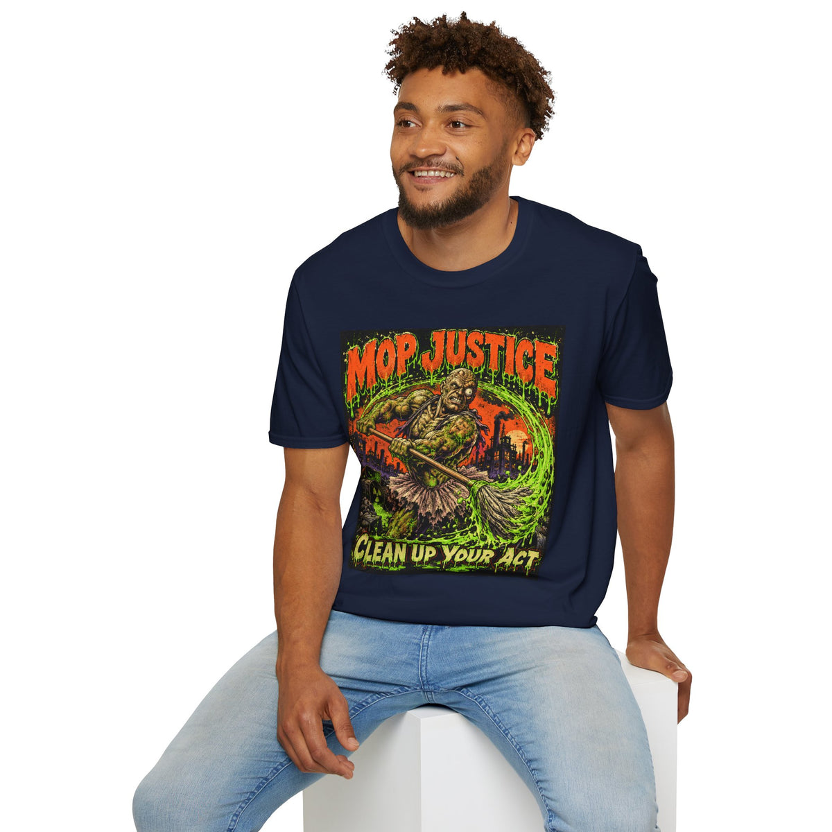 Mop Justice T-Shirt — Retro Horror Cleanup Graphic Tee ("Clean Up Your Act")