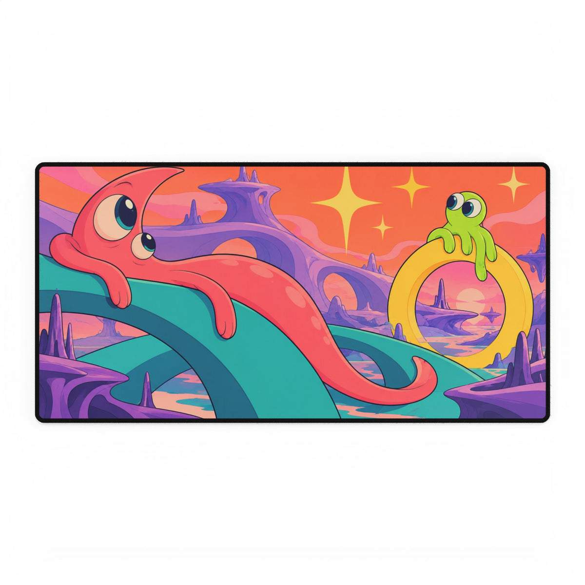 Surreal Alien Landscape Desk Mat | Colourful Cute Creatures Gaming Mouse Pad