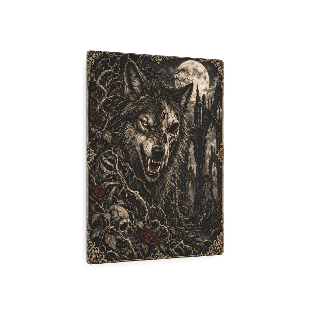 Wolf Metal Art Sign | Gothic Moonlit Wolf with Ruins & Roses Wall Art