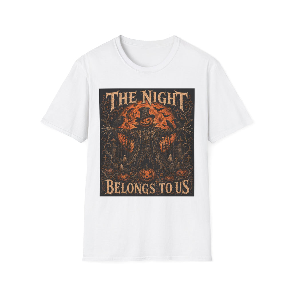 Halloween Scarecrow T-Shirt — "The Night Belongs To" Spooky Pumpkin Graphic