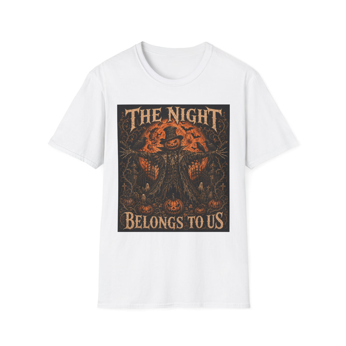 Halloween Scarecrow T-Shirt — "The Night Belongs To" Spooky Pumpkin Graphic