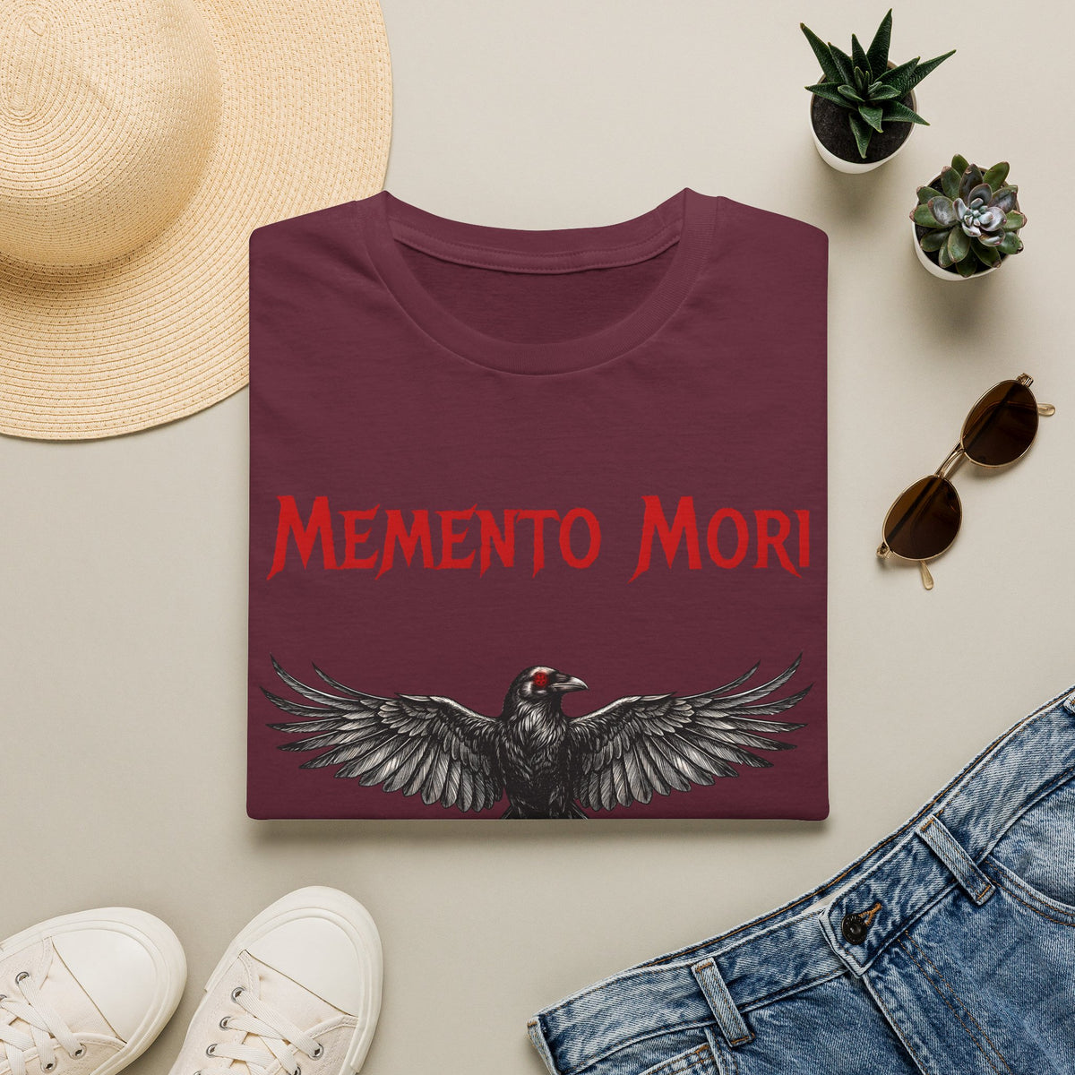 momento mori gothic dark fantasy crow t shirt, product image showing the garment or product detail.