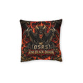 RuneScape cushion artwork: Three black dragon heads rise against a fiery red background, their horns and layered scales framed by OSRS and King Black Dragon lettering.