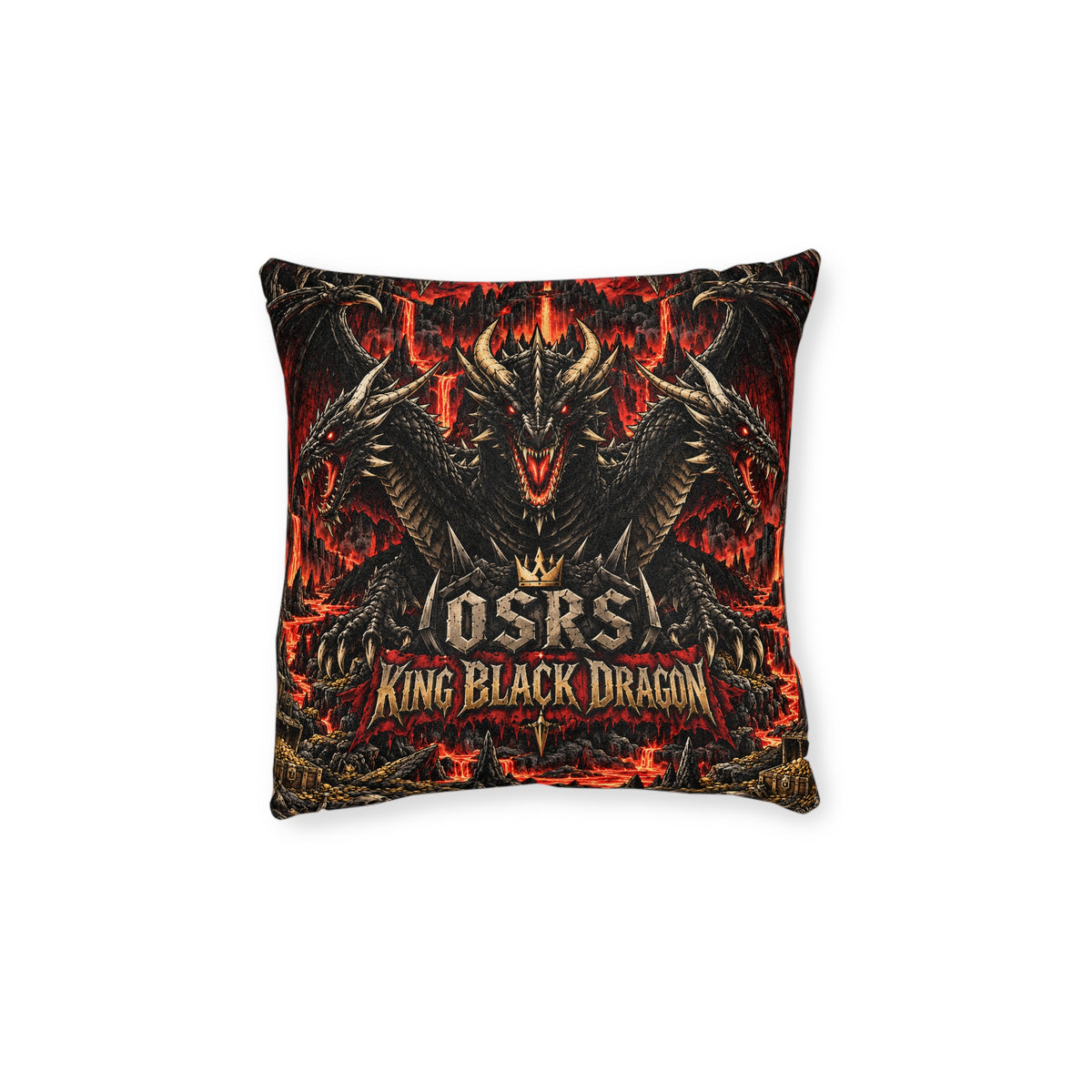 RuneScape cushion artwork: Three black dragon heads rise against a fiery red background, their horns and layered scales framed by OSRS and King Black Dragon lettering.
