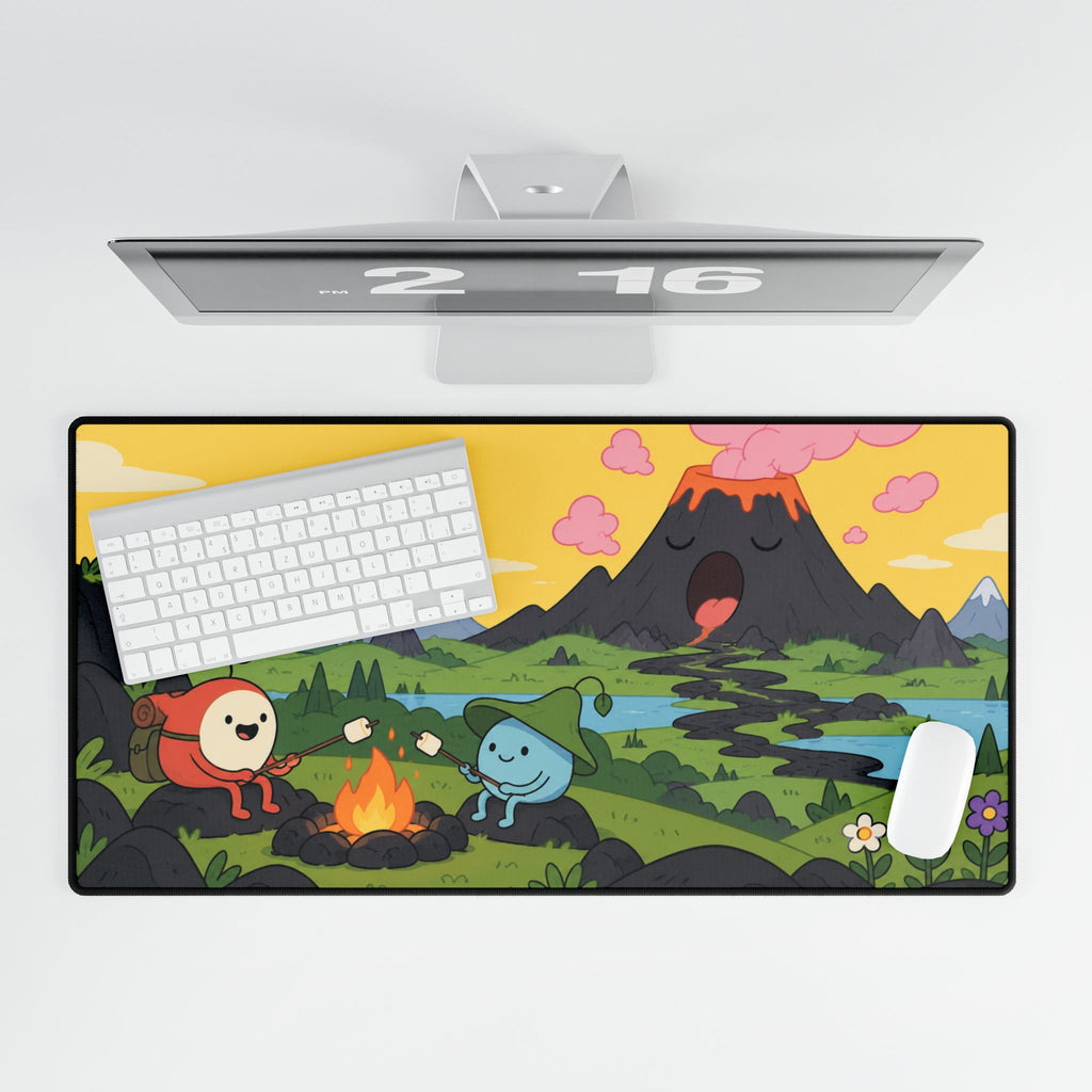 Mouse Mat | Cute Camping | Cartoon Volcano, Campfire & Scenic Gaming Desk Mat