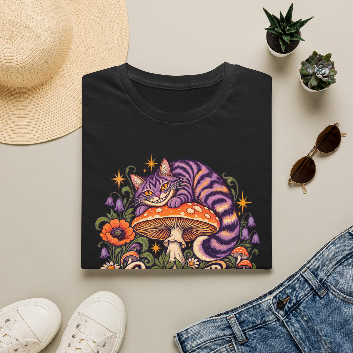 Cheshire Cat | Curiouser & Curiouser | Whimsical Mushroom Design Graphic Shirt