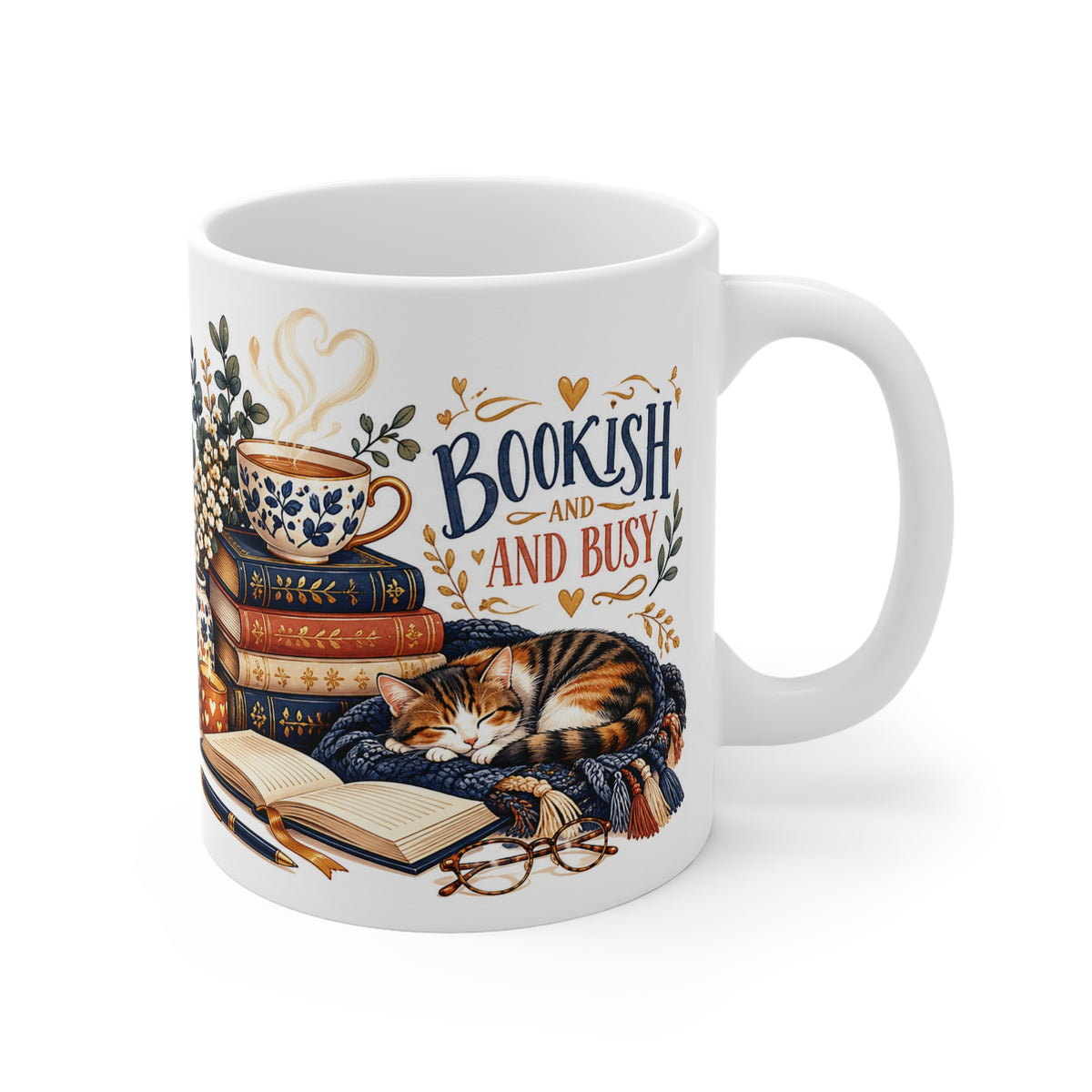 Bookish & Busy | Cute Book and Cat Lovers Coffee Mug Gift (11oz)