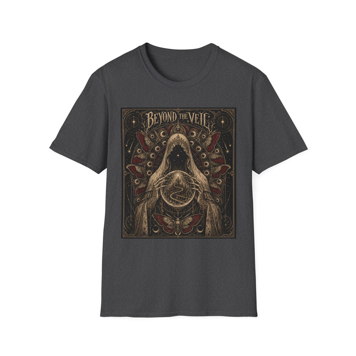 Beyond the Veil T-Shirt — Gothic Mystical Hooded Figure Graphic Tee
