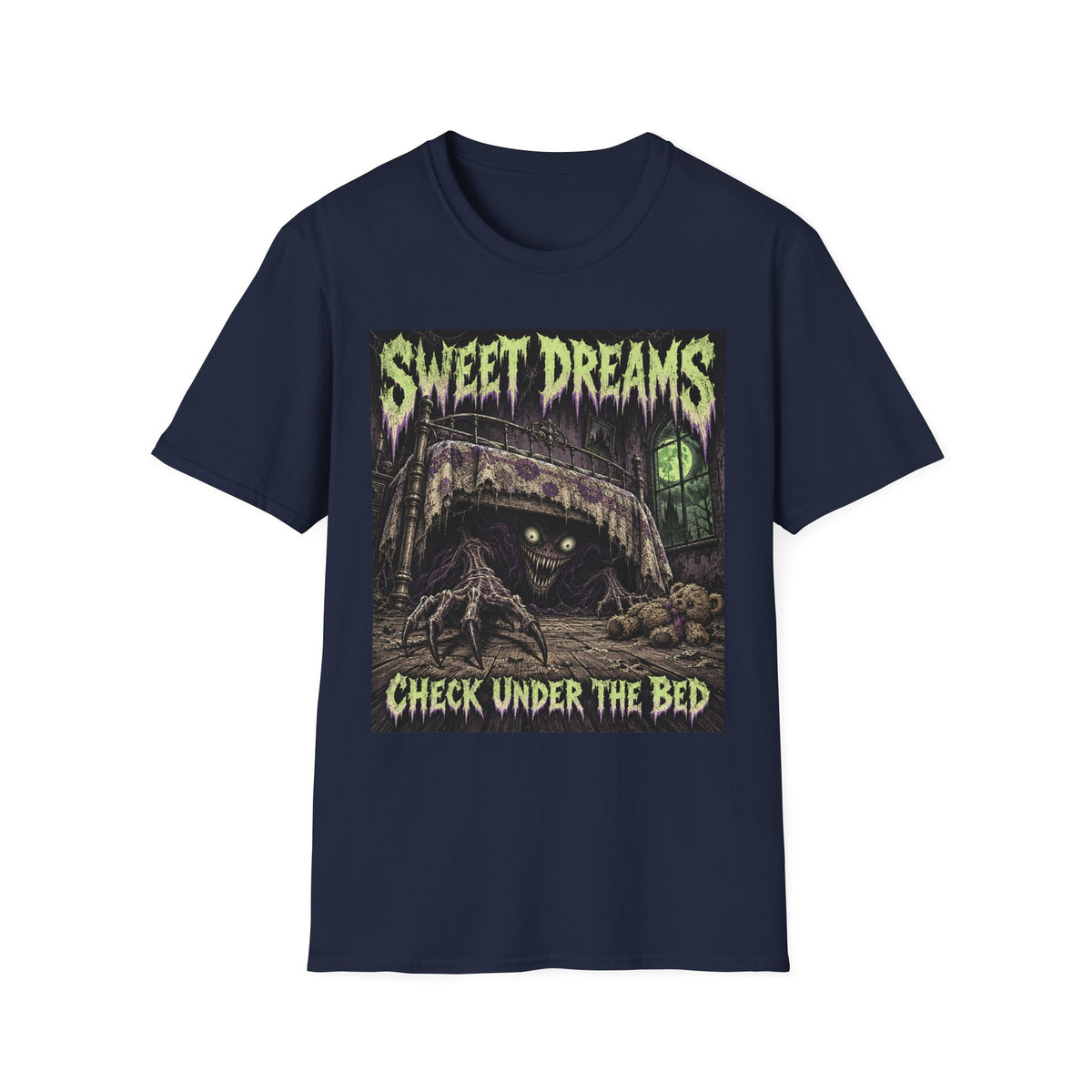 Sweet Dreams Horror T-Shirt — “Check Under the Bed” Gothic Sleep Tee