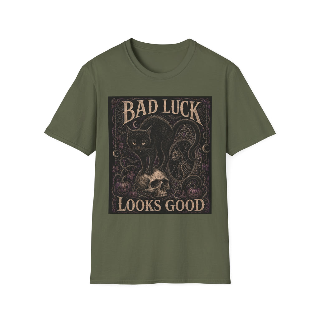 Bad Luck Black Cat Graphic T-Shirt — Gothic Skull Vintage Tattoo Tee