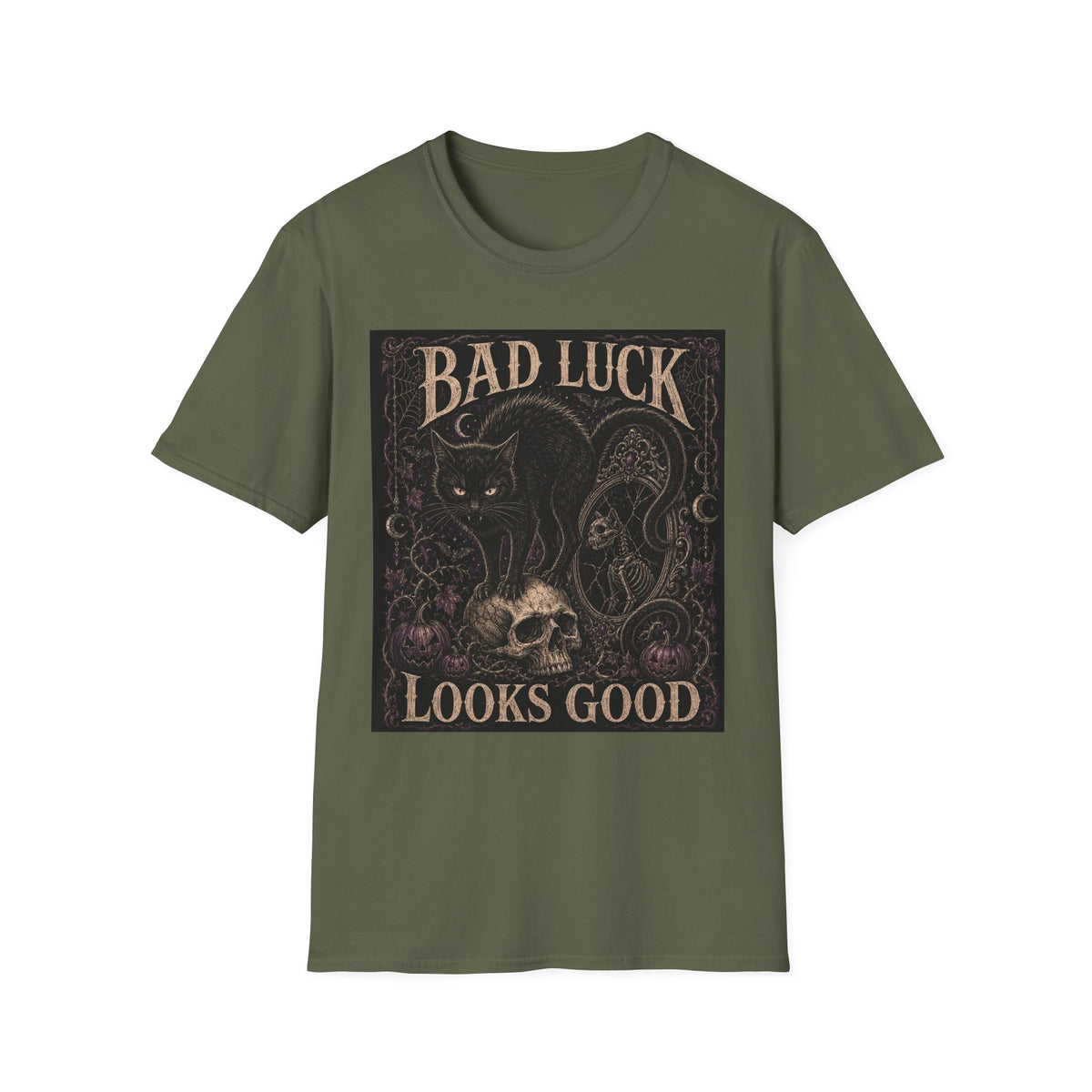Bad Luck Black Cat Graphic T-Shirt — Gothic Skull Vintage Tattoo Tee