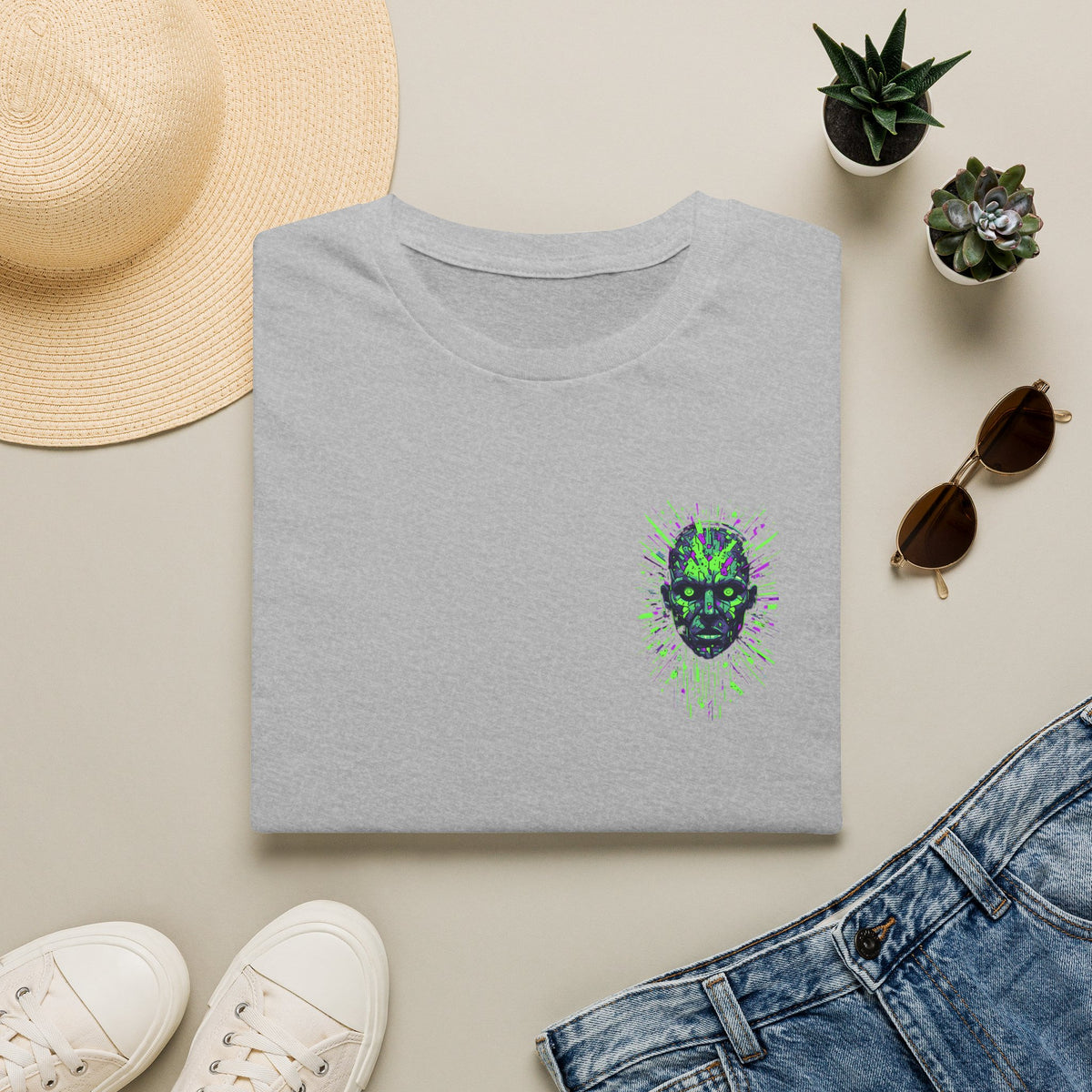 Neon Cyber Skull T-Shirt — Glowing Green Sci‑Fi Graphic Tee