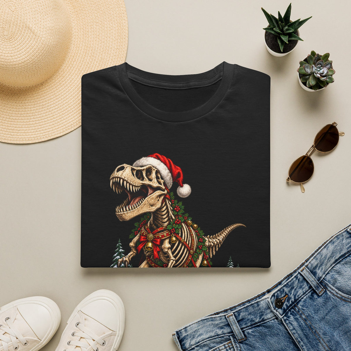 T-Rex Sleigh | Dinosaur Fossil Christmas T‑Shirt