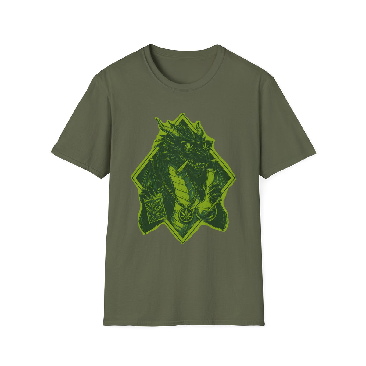 Dragon Lighter Graphic T-Shirt — Neon Green Dragon with Sunglasses