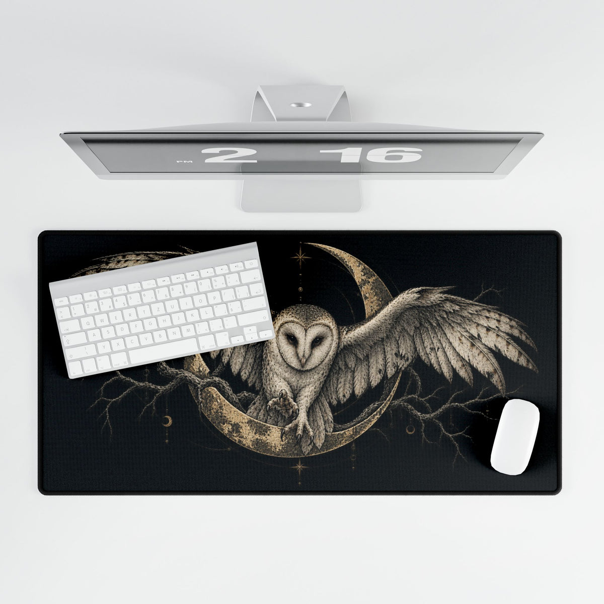 Mouse Mat | Gothic Owl & Crescent Moon | Occult Woodland Art Desk Pad