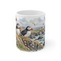Puffins and Lighthouse Watercolour Mug | Nautical Seabird Coast