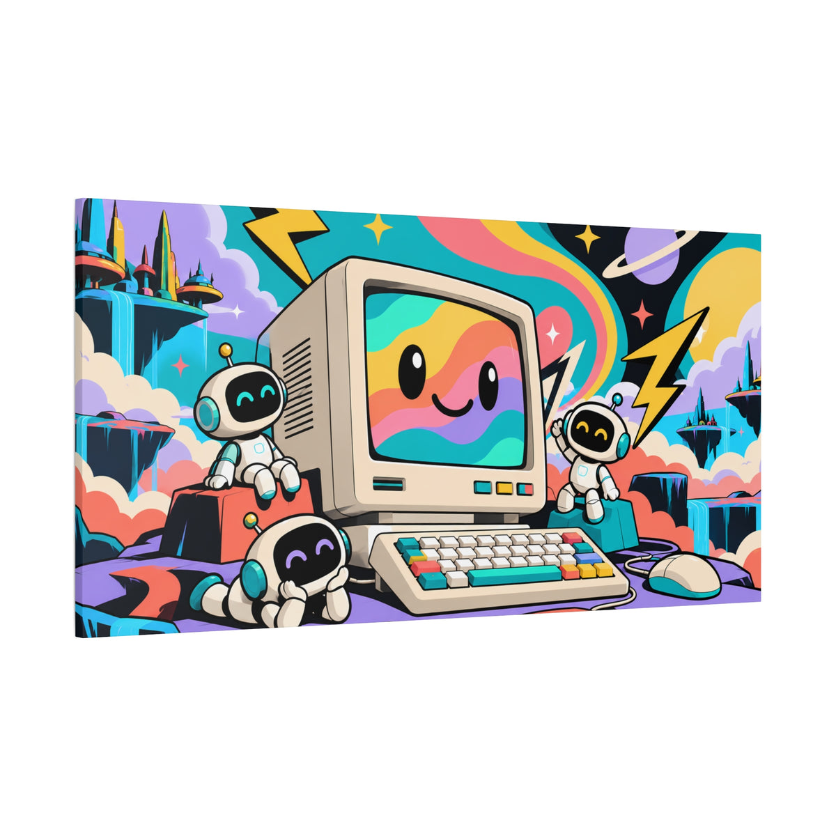 Wall Art | Retro Computer | Cute Robots & Rainbow CRT Print