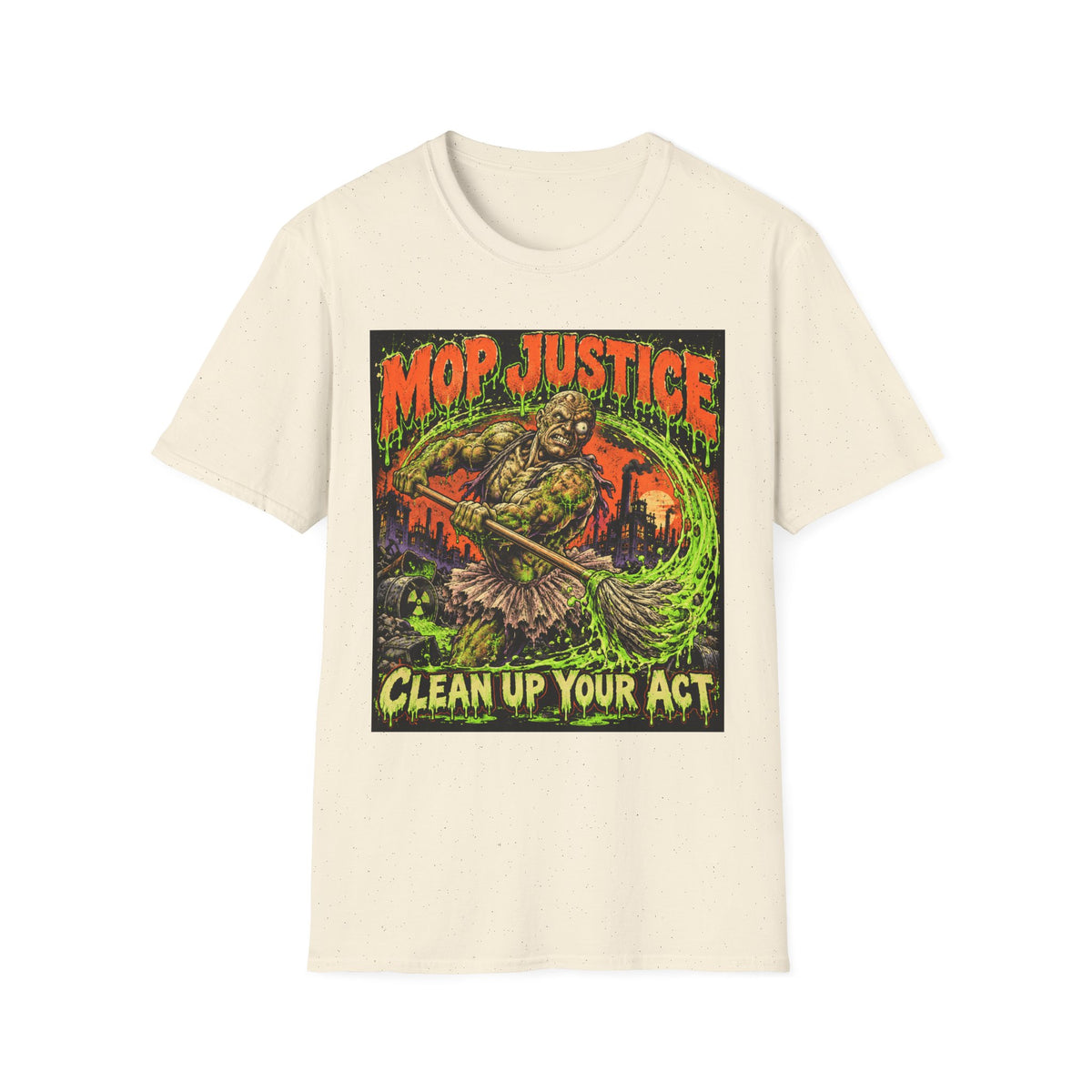 Mop Justice T-Shirt — Retro Horror Cleanup Graphic Tee ("Clean Up Your Act")