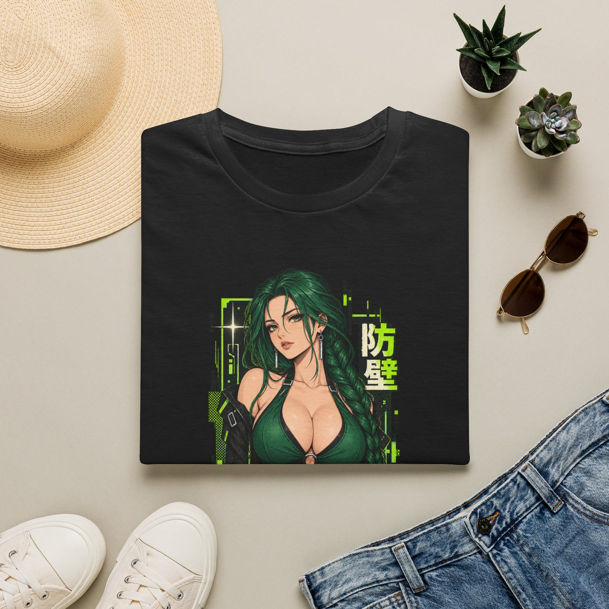Jade | Anime Green-Haired Sexy Pin Up Girl Warrior Graphic Shirt