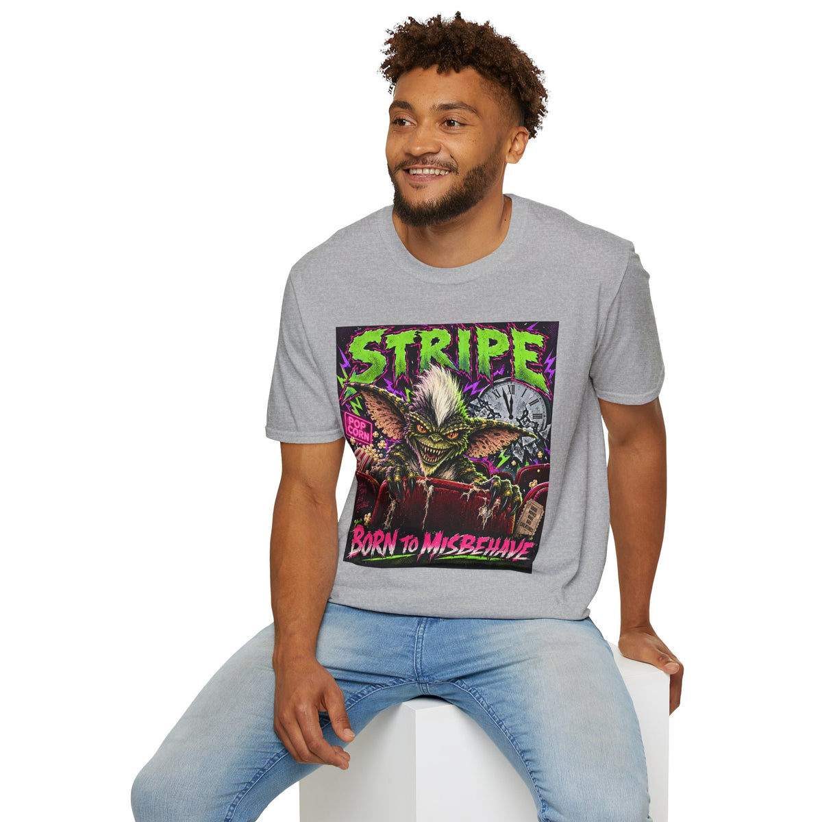 Stripe Gremlin T‑Shirt — 'Born to Misbehave' Retro Horror Graphic Tee