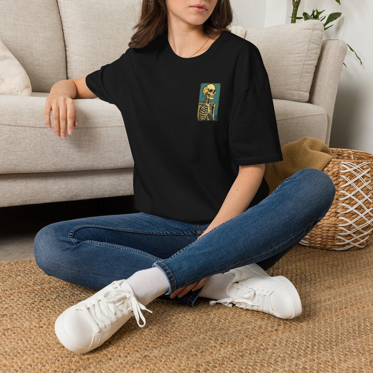 Vintage Yellow Skeleton Pocket T‑Shirt — Retro Anatomical Skull Tee