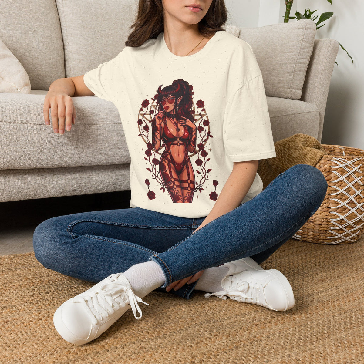 Sexy Succubus Tattoo Pin-Up Girl T Shirt - Rose Halo Graphic T-Shirt