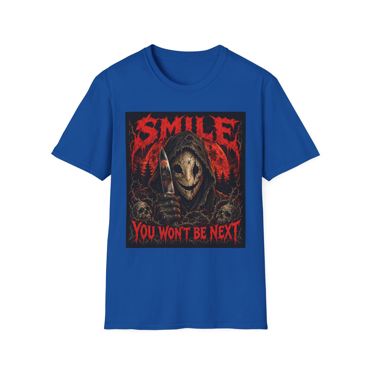 Horror Graphic T-Shirt — "SMILE You Won't Be Next" Creepy Reaper Design