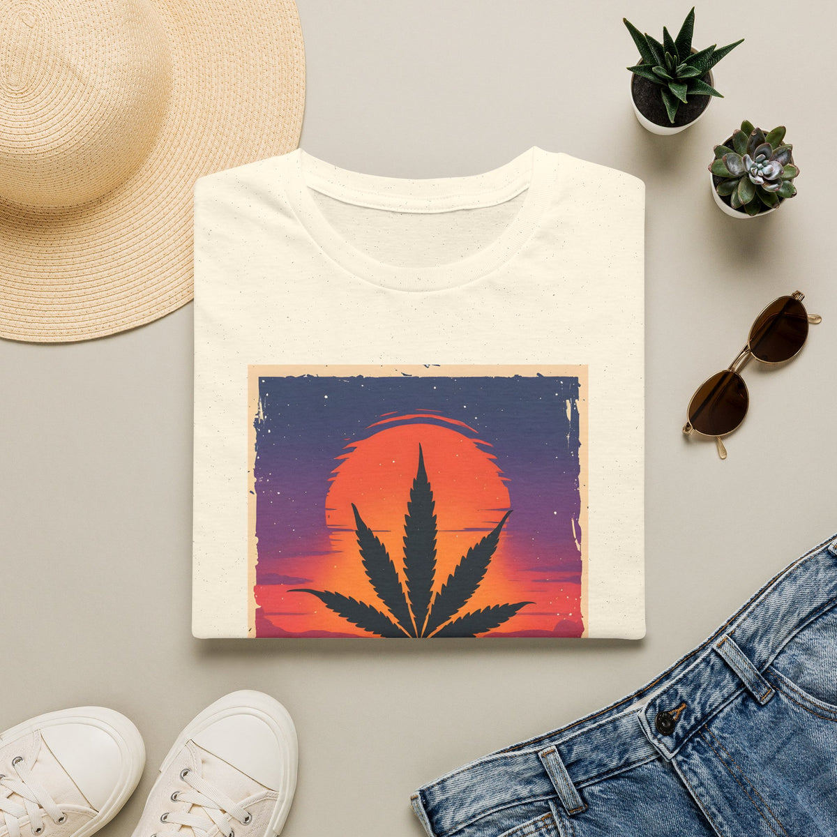 Cannabis Sunset T-Shirt — Retro Palm Leaf Marijuana Graphic Tee