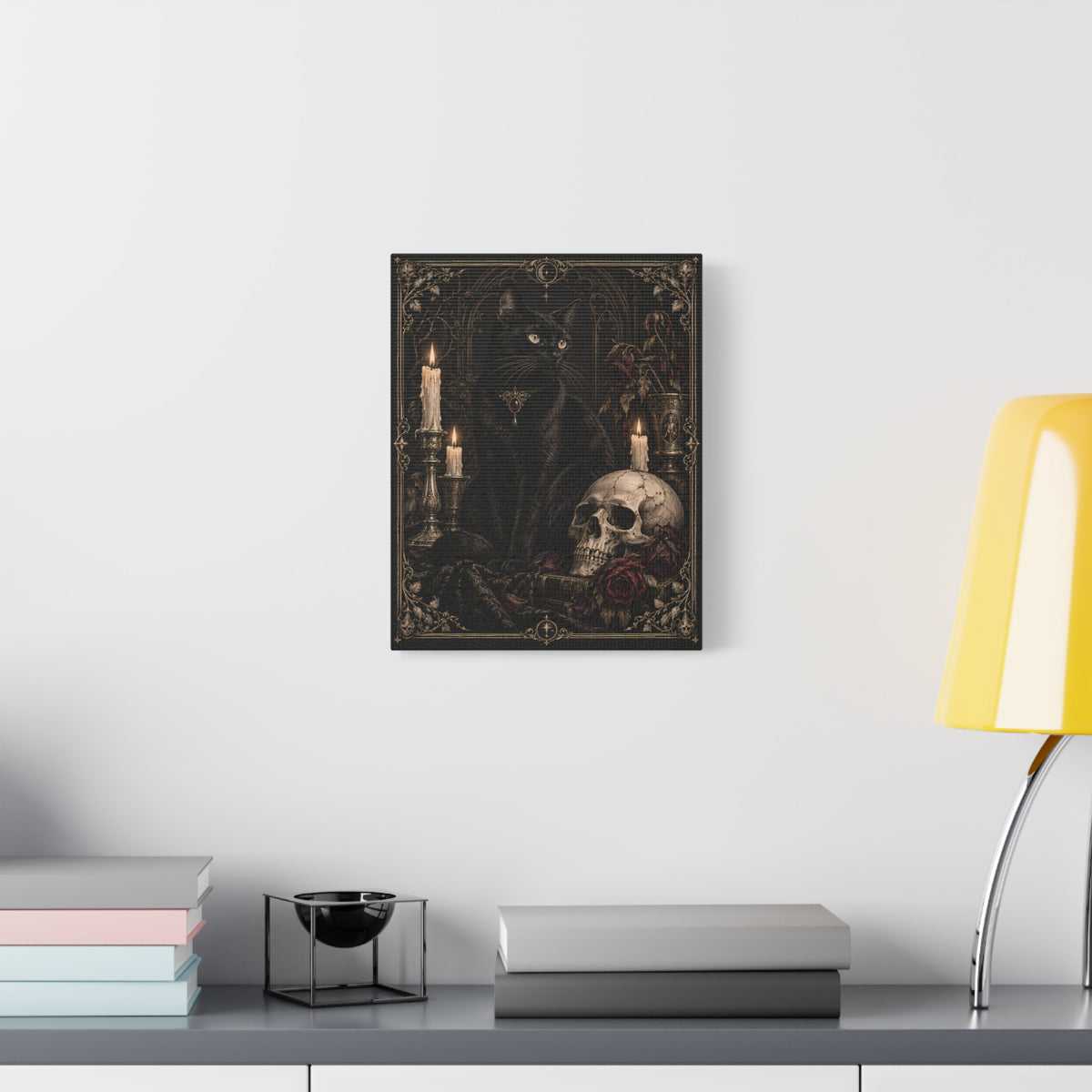 Canvas | Gothic Black Cat & Skull | Occult Wall Art