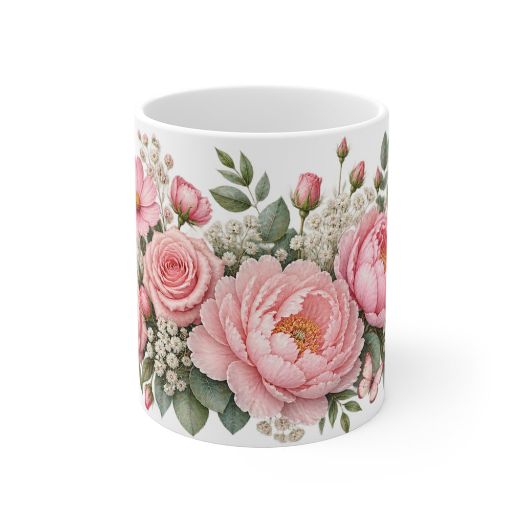 Pastel Pink Flowers and Butterflies Mug | Floral Design