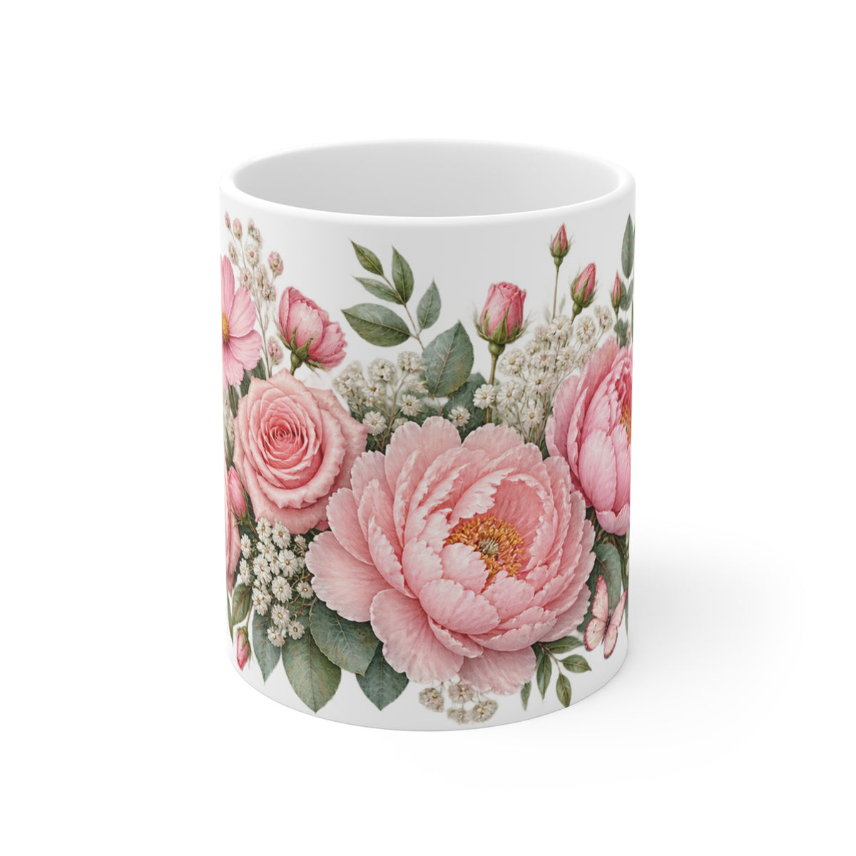 Pastel Pink Flowers and Butterflies Mug | Floral Design