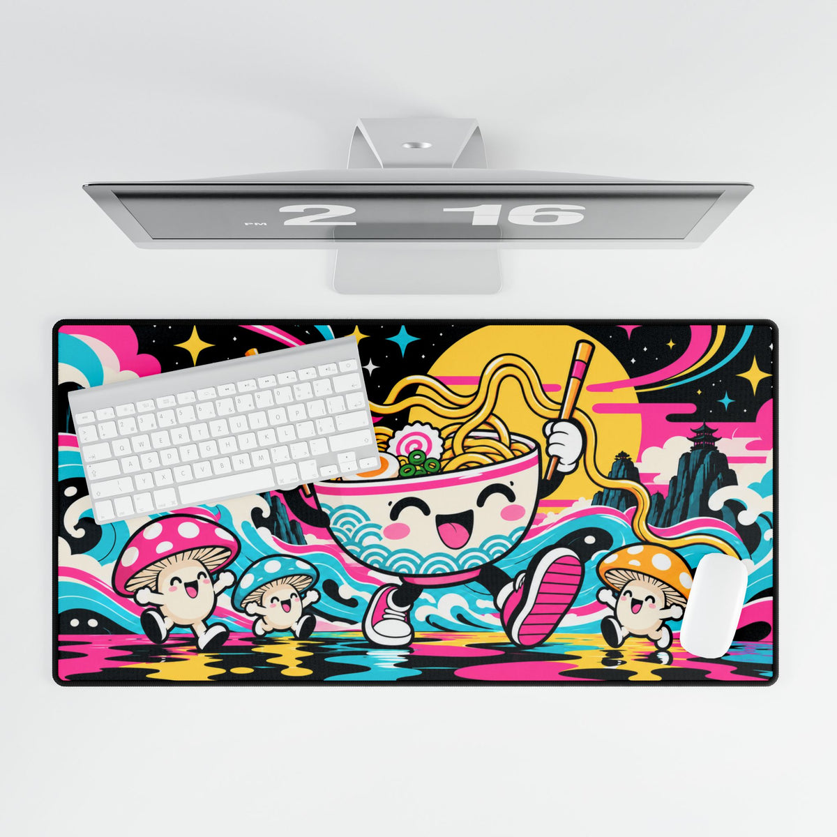 Mouse Pad | Kawaii Ramen | Neon Noodle Bowl & Cute Mushrooms | Desk Mat