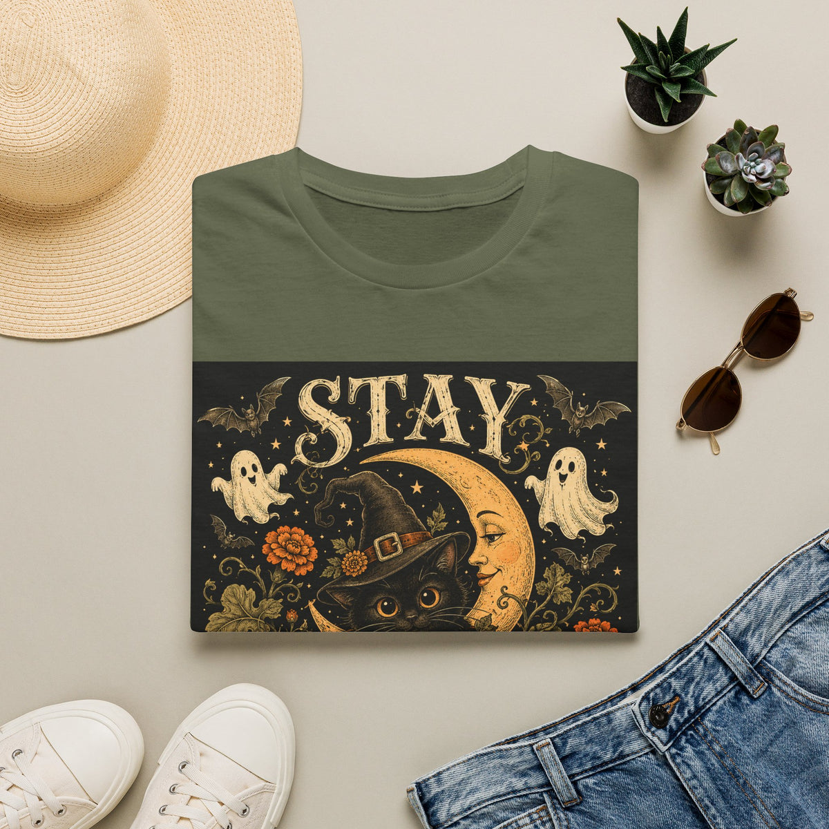 Halloween 'Stay Bewitched' T‑Shirt — Vintage Moon, Black Cat & Pumpkin Design