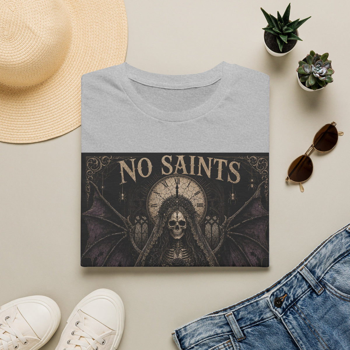 No Saints Graphic T-Shirt — Gothic Skull Clock Design