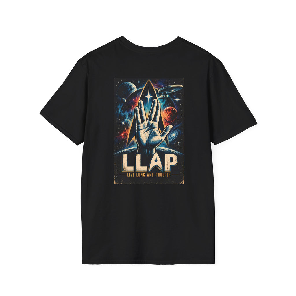 Black T-shirt with LLAP lettering and colourful space artwork, back view.