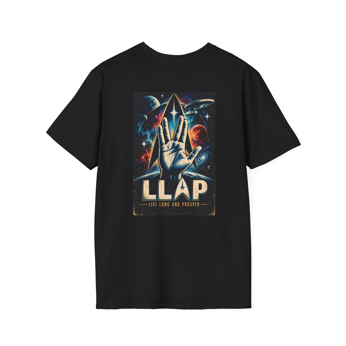 Black T-shirt with LLAP lettering and colourful space artwork, back view.
