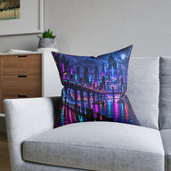 Neon City Pixel Art Cyberpunk Skyline Cushion | Decorative Sofa Pillow