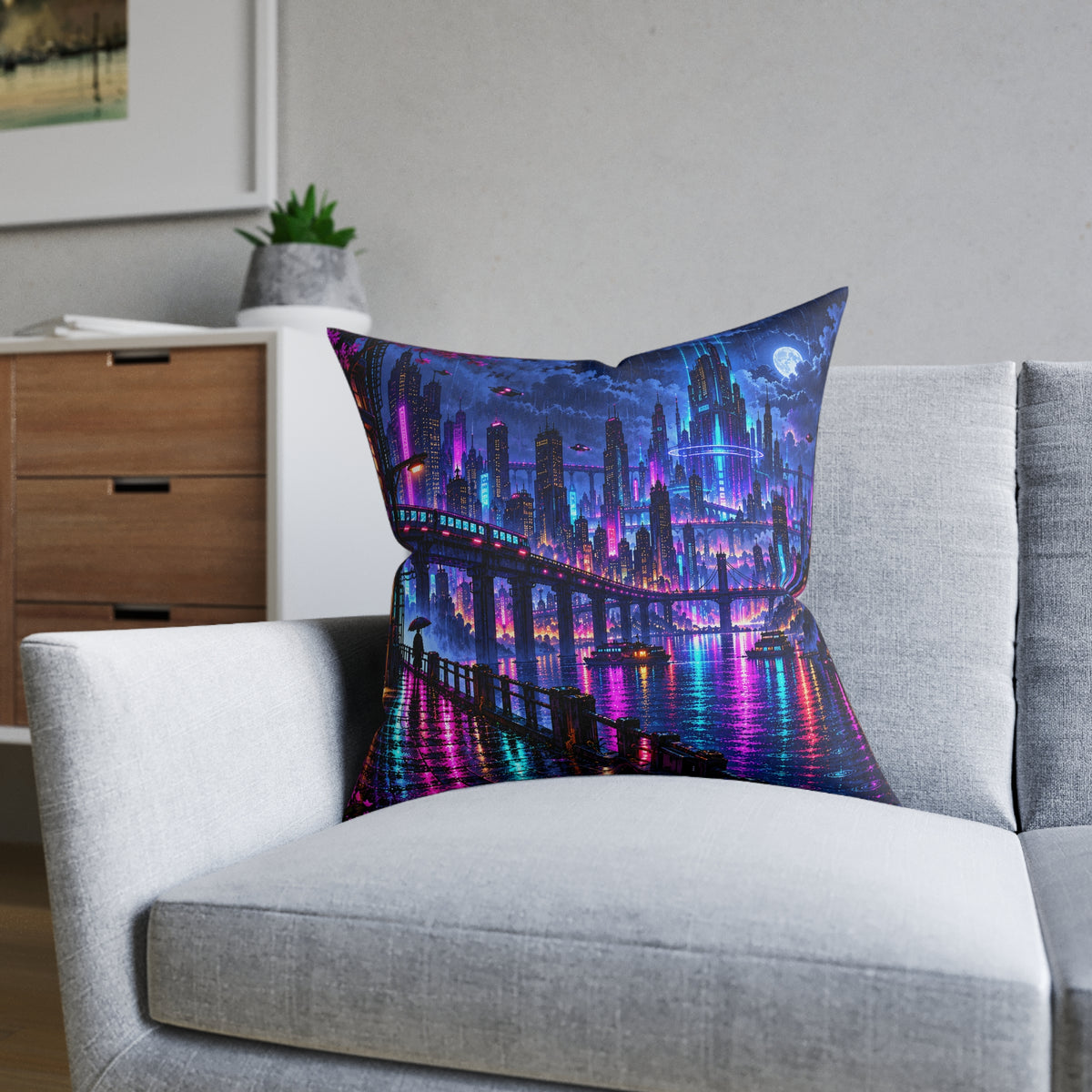 Neon City Pixel Art Cyberpunk Skyline Cushion | Decorative Sofa Pillow