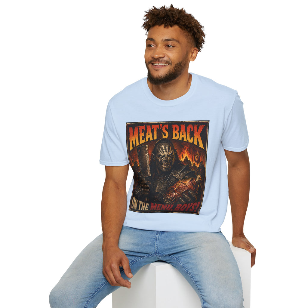 Meat’s Back Horror Graphic T-Shirt — ‘Meat’s Back on the Menu Boys’ Retro Slayer Tee
