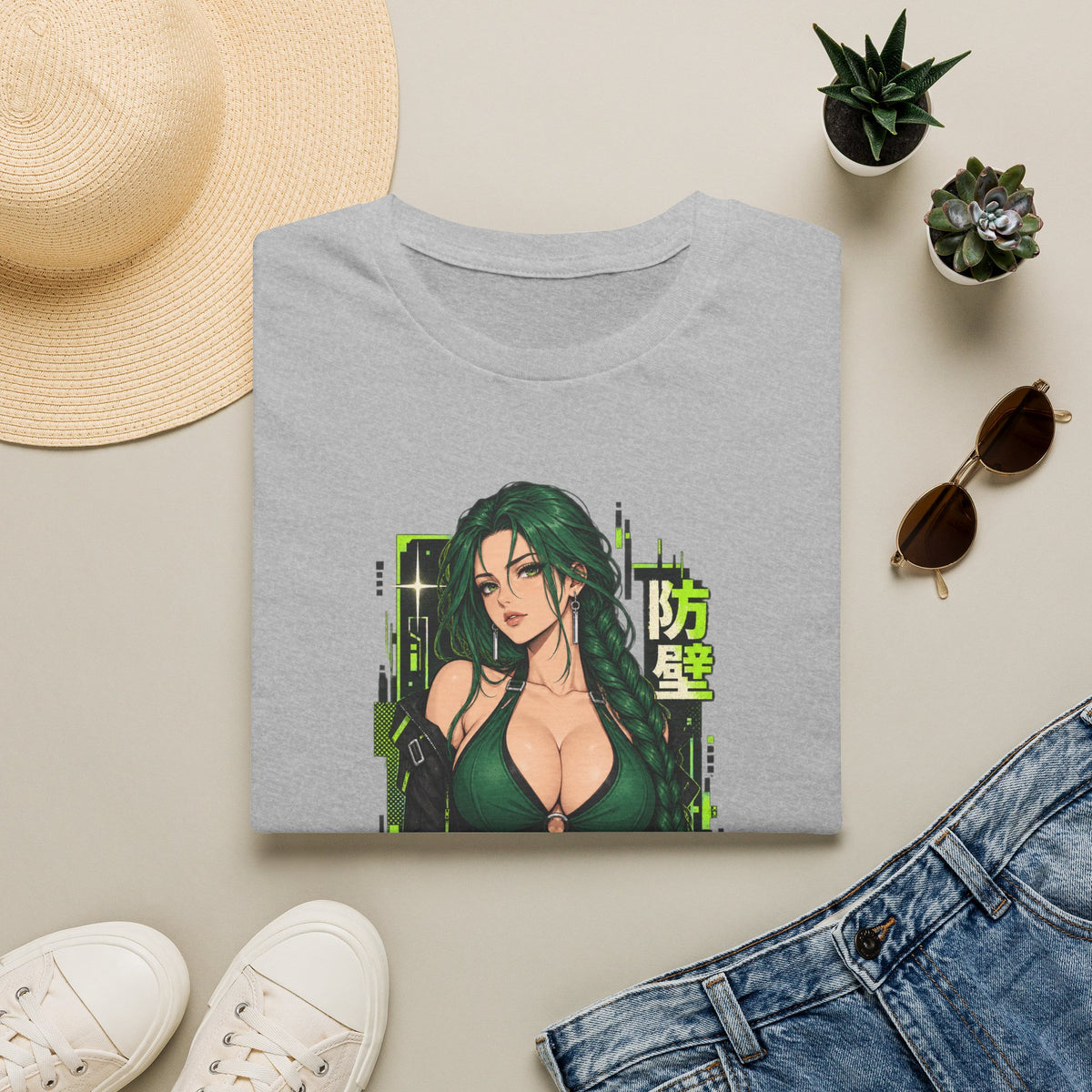 Jade | Anime Green-Haired Sexy Pin Up Girl Warrior Graphic Shirt
