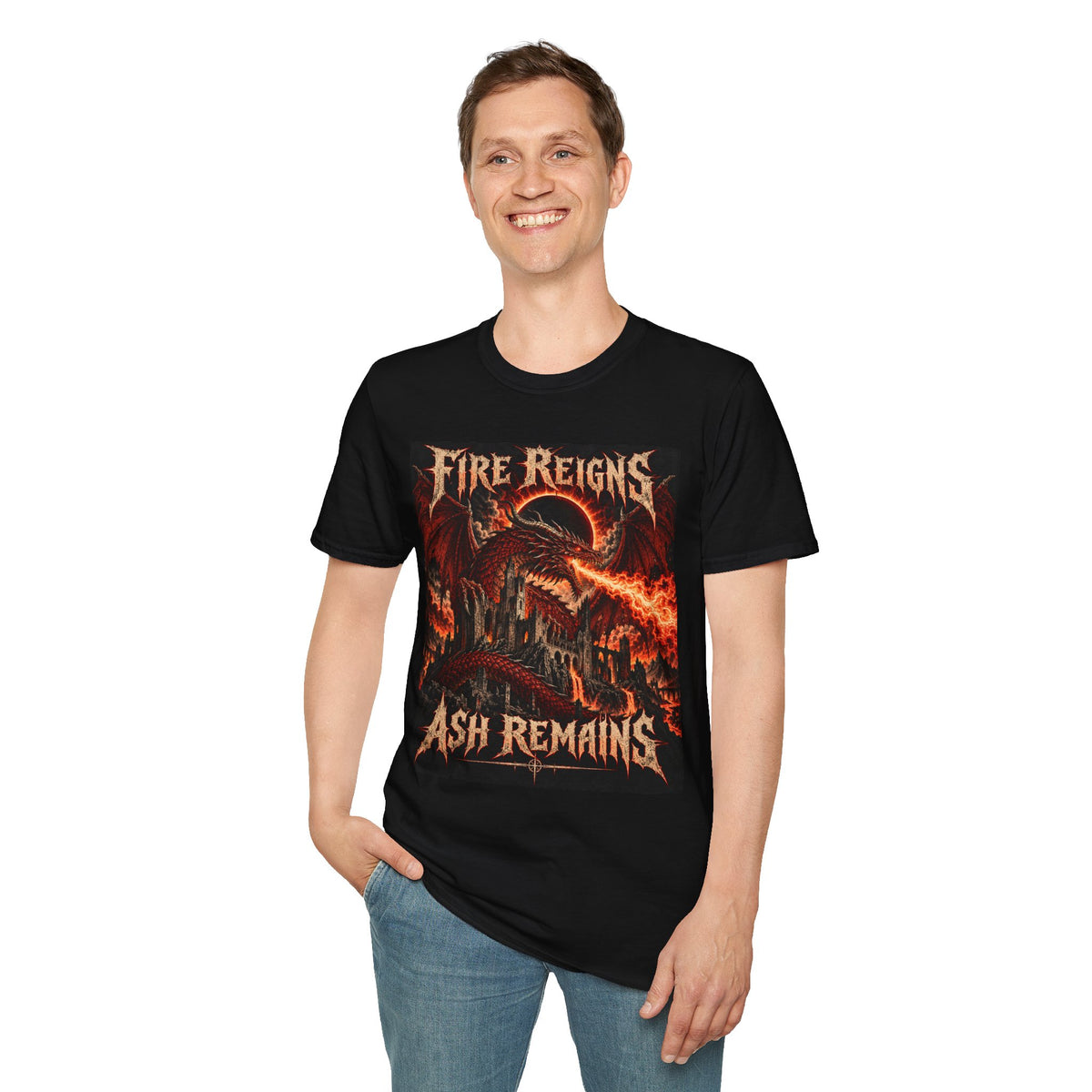 Fire Reigns Ash Remains T-Shirt — Dragon Flames Heavy Metal Graphic Tee