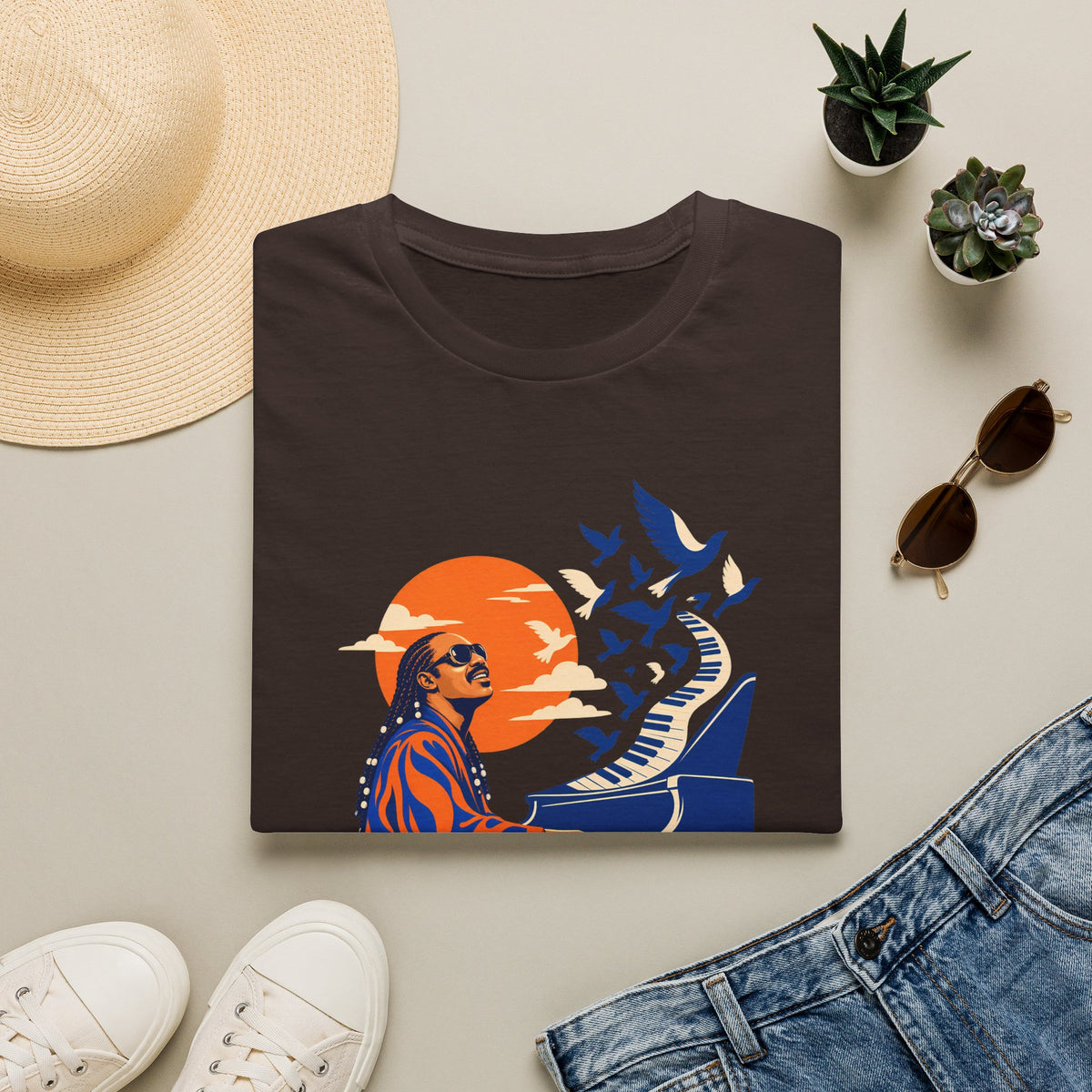Stevie Wonder Piano Retro Tee - Vintage Sunset Music Legend T-Shirt